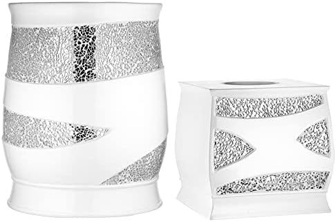 Zahari Home 2pc Sinatra White Modern Bath Accessories Set Waste Basket & Tissue Box Modern Decorative Beautiful Designs Bathroom Decor Set for Home Luxury Bath Set Mosaic Glass by ZahariHome