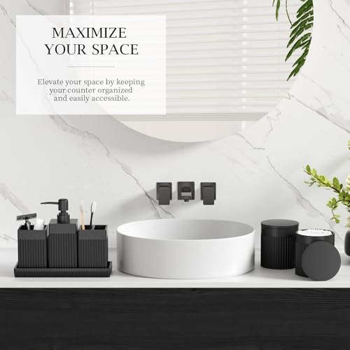 6-Piece Black Bathroom Set - Sleek Resin Organizer with Soap Dispenser, Toothbrush Holder, Vanity Tray, Tumbler & Apothecary Jars for Small Spaces - Image 6