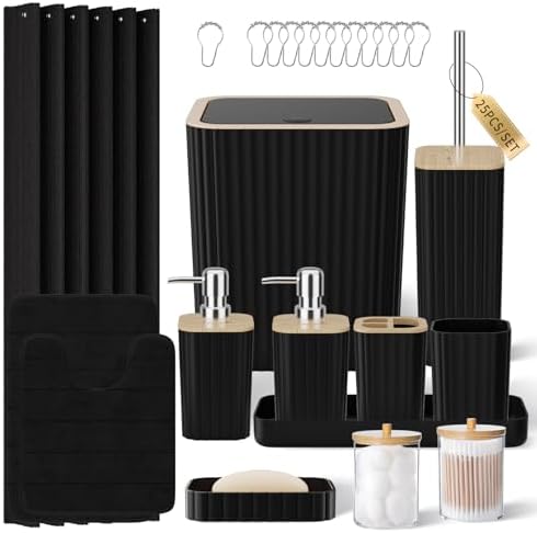 XLHOMO Bathroom Set - 25PC Black Bathroom Set with Shower Curtain and Rugs by BetterbathroomwithXLHOME