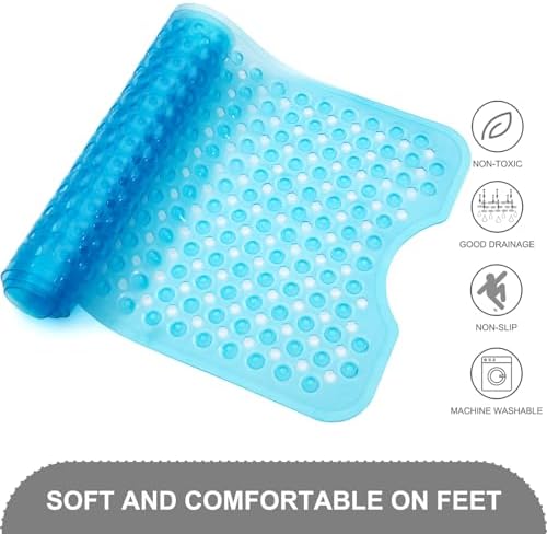 TEESHLY Bath Tub and Shower Mats, Non Slip 40 x 16 Inch Extra Large Bathtub Mat, Machine Washable Bathmat with Drain Holes, Suction Cups for Bathroom Floor, Clear Blue - Image 4