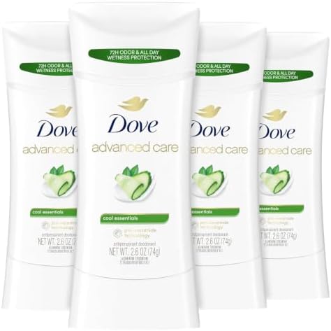 Dove Advanced Care Antiperspirant Deodorant Stick Cool Essentials 4 ct for helping your skin barrier repair after shaving 72 hour odor control and sweat protection with Pro Ceramide Technology 2.6 oz by Dove