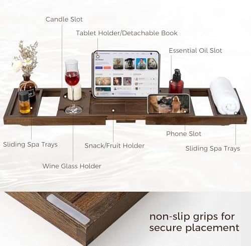 Teak Bathtub Tray, Expandable Bath Tray for Tub 28–40in, Foldable Bath Caddy with Wine Holder, Phone & Tablet Stand, Wooden Bathtub Organizer, Luxury Spa Bathroom Accessories Gift - Dark Walnut Finish - Image 3