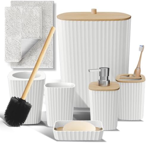 Clara Clark Bathroom Set - White Bathroom Accessories Set, 6PC Bathroom Accessory Set, Bathroom Sets with Bathroom Rugs, Toilet Brush, Trash Can & Soap Dispenser by ClaraClark