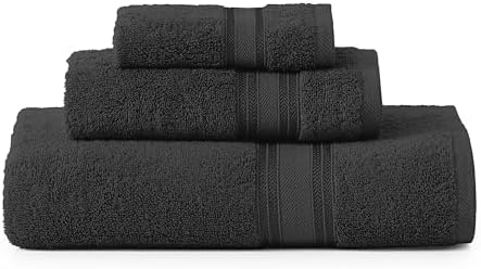 LANE LINEN Luxury Towels Set - 3 Piece Set, 100% Cotton Bathroom Towels, Zero Twist, Quick Dry Shower Towels, Absorbent Bath Towel, Super Soft, 1 Bath Towel, 1 Hand Towel, 1 Wash Cloths - Black by LaneLinen