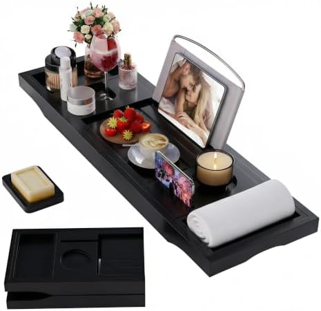 Foldable Bathtub Tray Caddy with Soap Dish Adjustable 29.5-43''Black by BESHOF