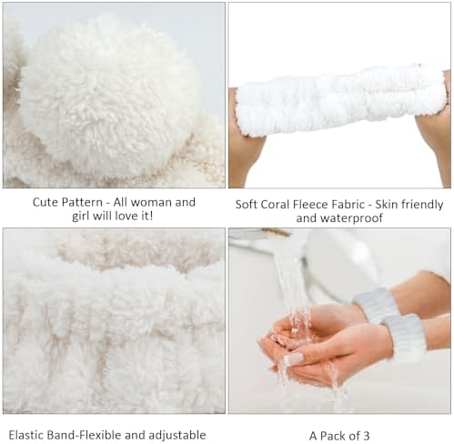 AHONEY Spa Bear Ears Headband, Face Wash Headband and Wristband Set, Cute Makeup Skincare Headbands Wrist Bands for Washing Face for Women Girls Elastic Hair Band (White) - Image 5