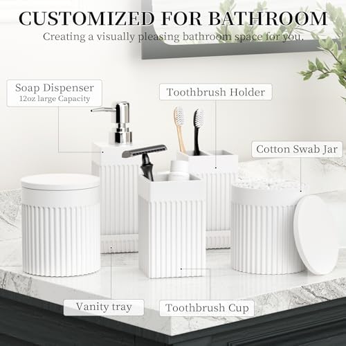 6-Piece White Bathroom Set - Modern Resin Bathroom Accessories Set with Soap Dispenser, Toothbrush Holder, Vanity Tray, Tumbler & Apothecary Jars for Small Spaces - Image 2