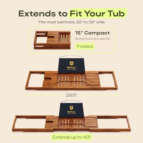 ROYAL CRAFT WOOD Premium Foldable Bathtub Tray Caddy - Wood Bath Tray for Tub, Bamboo Shelf, Expandable Bath Table Trays, Bathtub & Bathroom Accessories for New Home & Mothers, Birthday Gifts for Mom - Image 2