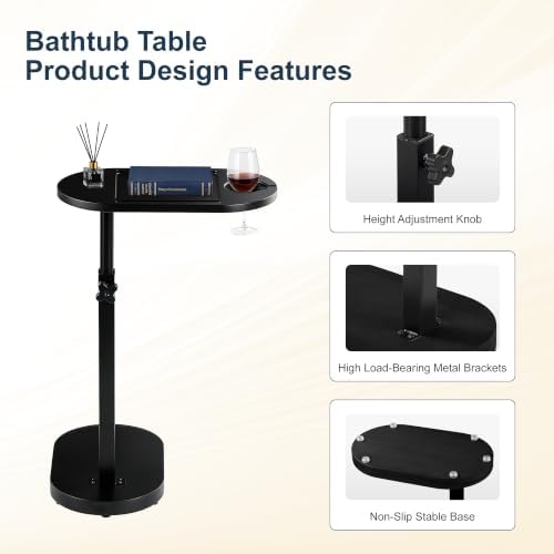Bamboo Bathtub Side Table, Height Adjustable Bath Caddy Tray - Image 3