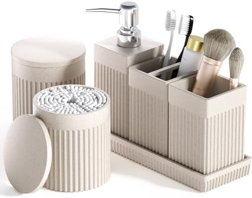 6-Piece Beige Bathroom Set - Sleek Resin Bathroom Accessories Set with Soap Dispenser, Toothbrush Holder, Vanity Tray, Tumbler & Apothecary Jars for Small Spaces by LetUsMakeHomeYourFavoriteDestination