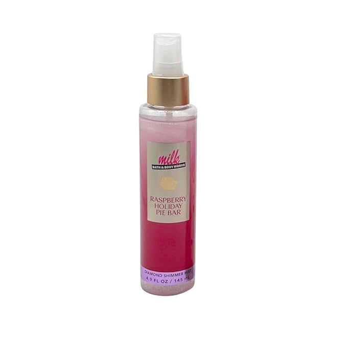 Bath & Body Works MILK Collections RASPBERRY HOLIDAY PIE BAR Diamond Shimmer Mist, Fine Fragrance Mist & Ultimate Hydration Body Cream 3pc bundle with a Red Bow for Holidays & Gifts