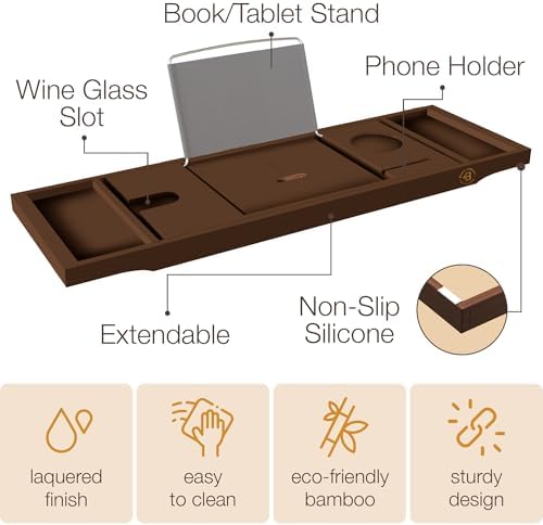 Bambüsi Bathtub Tray for Tub - Brown Bamboo Bath Tray, Expandable Wooden Bath Caddy Tray with Wine Holder, Book and Tablet Stand, Bathroom Accessories, Tub Table, Spa Bath Gifts for Women and Couples - Image 4