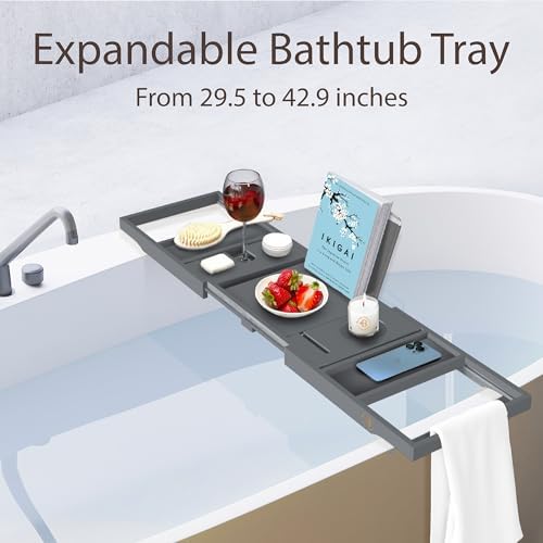 Bathtub Tray for Tub - Grey Bamboo Bath Caddy Tray, Expandable Wood Bathtub Caddy with Wine Glass Holder, Book and Tablet Stand, Bath Accessories, Spa Tub Table, Relaxation Gifts for Women and Mom - Image 3