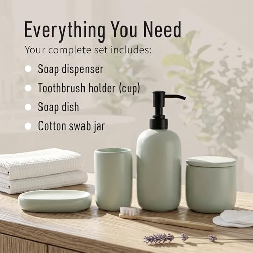 Ava Nord Modern Minimalist Ceramic Bathroom Accessories | Set of 4 | Green - Image 2