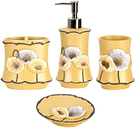 Zahari Home 4pc Poppy Fields Yellow Bathroom Accessories Set Hand Soap Dispenser, Tumbler, Tooth Brush Holder and Soap Dish Modern Contemporary Decor Complete Bathroom Sets with Shower Curtains by ZahariHome