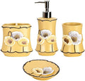 Zahari Home 4pc Poppy Fields Yellow Bathroom Accessories Set Hand Soap Dispenser, Tumbler, Tooth Brush Holder and Soap Dish Modern Contemporary Decor Complete Bathroom Sets with Shower Curtains by ZahariHome