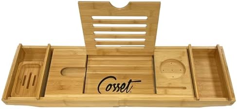Cosset Bathtub Tray - Expandable Bamboo Bathroom Tray for Women and Men - Soap Dish, Book, Phone & Tablet Holder, Wine Glass Slot - Relaxing Bath Caddy for Spa and Shower by CossetBathandBody
