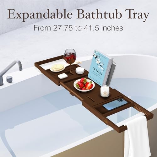 Bambüsi Bathtub Tray for Tub - Brown Bamboo Bath Tray, Expandable Wooden Bath Caddy Tray with Wine Holder, Book and Tablet Stand, Bathroom Accessories, Tub Table, Spa Bath Gifts for Women and Couples - Image 2
