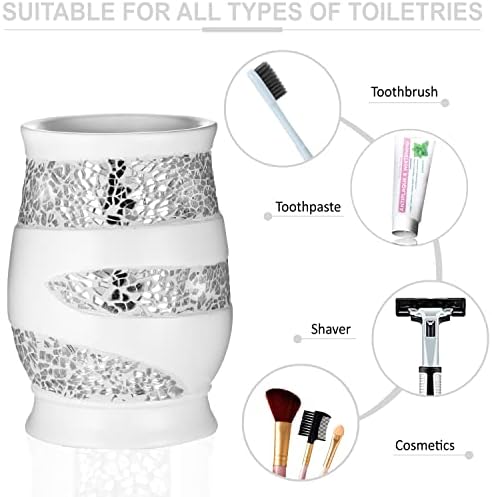 Zahari Home 4pc Sinatra Stylish Bathroom Accessories Set White Soap Dispenser, Tumbler, Tooth Brush Holder and Soap Dish Modern Classic Luxury Decor Bling Mosaic Glass White Bathroom Accessories - Image 5