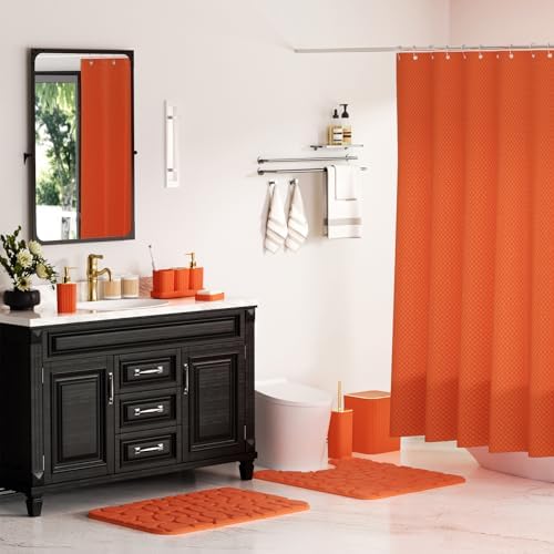 XLHOMO Bathroom Accessories Set - 25PC Bathroom Sets with Shower Curtain and Rugs, Orange Bathroom Accessories with Trash Can, Soap Dispenser, Soap Dish & Toilet Brush - Image 2