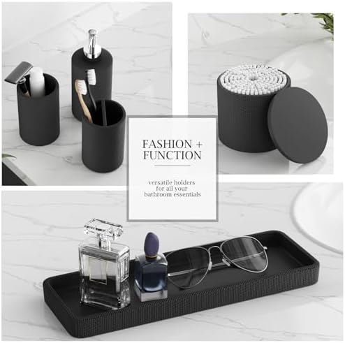 6-Piece Black Bathroom Set - Mesh Textured Resin Bathroom Accessories Set with Soap Dispenser, Toothbrush Holder, Cup, Vanity Tray & Apothecary Jars for Small Spaces - Image 5