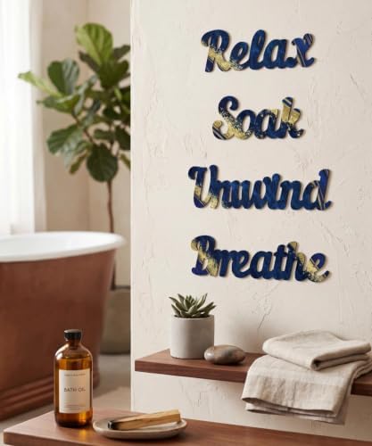 Putuo Decor 4PCS MDF Bathroom Wall Decor Relax Soak Unwind Breathe Signs, Blue Gold Spa Wall Art Set for Bathroom Bedroom Laundry Room Yoga Room Home Gift - Image 4