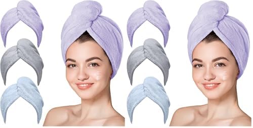 Hicober Microfiber Hair Towel - 6 Packs Anti Frizz Turbans for Wet Hair - Curl-Defining Wrap (Purple, Blue, Grey) by Hicober