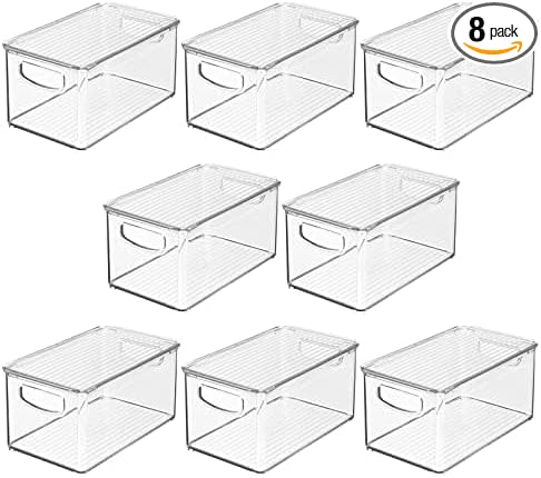 mDesign Deep Plastic Bathroom Storage Bin Box, Lid/Built-in Handles, Organization for Makeup, Hair Styling Tools, Toiletry Accessories in Cabinet, Shelves, Ligne Collection, 8 Pack, Clear
