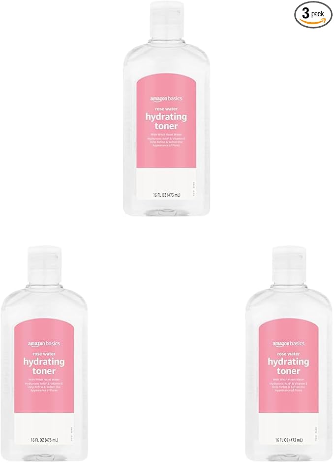 Amazon Basics Rose Water Hydrating Facial Toner, Alcohol Free, 16 fl oz (Pack of 3)