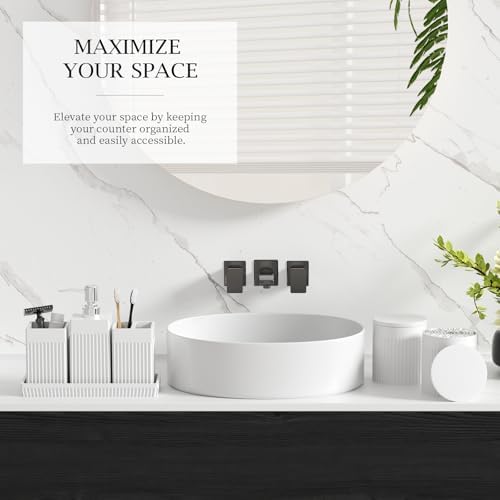 6-Piece White Bathroom Set - Modern Resin Bathroom Accessories Set with Soap Dispenser, Toothbrush Holder, Vanity Tray, Tumbler & Apothecary Jars for Small Spaces - Image 6