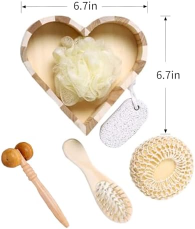 5Pcs Bath Shower Set in Heart Wooden Trinket Box Hair Brush for Women,Birthday Gifts,Bath & Shower Spa Basket Gift Set for Women for Body Back Legs and Foot,Gift for Mom - Image 2