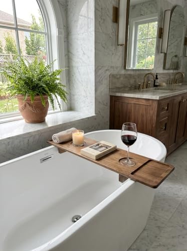 Luxury Wooden Bathub Caddy Tray - Premium Natural Acacia Bath Organizer with Wine Glass Holder, Tablet Slot and Phone Mount - Expandable Spa Board to Fit Most Tubs - Image 2