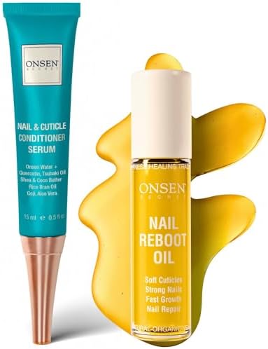 ONSEN Secret Nail Reboot Duo - Treatment for Damaged Nails - Natural Nail Care & Cuticle Repair - Visible Results For Perfect Nails, Cuticle Conditioner Cream 15ml & Nail Reboot Oil 10ml by OnsenSecret