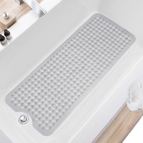 TEESHLY Upgrade Bath Tub and Shower Mats, Non Slip 40 x 16 Inch Extra Large Bathtub Mat, Machine Washable Bathmat with Drain Holes, Suction Cups for Bathroom Floor, Clear Gray by TEESHLY