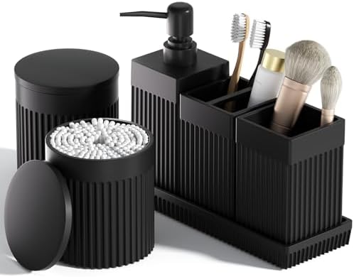 6-Piece Black Bathroom Set - Sleek Resin Organizer with Soap Dispenser, Toothbrush Holder, Vanity Tray, Tumbler & Apothecary Jars for Small Spaces by LetUsMakeHomeYourFavoriteDestination