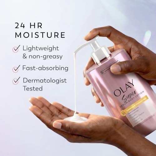 Olay Super Serum Body Lotion, SPF 30, Daily UV Protection, 24hr Long Lasting Hydration, 5+ Ingredient Complex for Bright Even Firm Luminous Skin, Prevents Aging, Peach & Sweet Cream Scent, 17 fl oz - Image 6