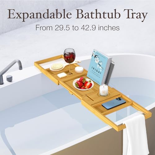 Bathtub Tray for Tub - Natural Bamboo Bath Tray, Expandable Wooden Bath Caddy Tray with Wine Holder, Book and Tablet Stand, Bathroom Accessories, Tub Table, Bridal Shower Gifts for Women - Image 3