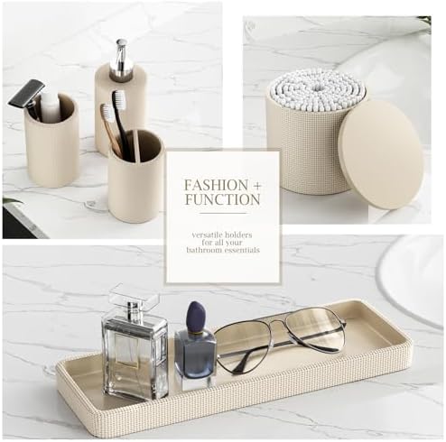 6-Piece Beige Bathroom Set - Mesh Textured Resin Bathroom Accessories Set with Soap Dispenser, Toothbrush Holder, Cup, Vanity Tray & Apothecary Jars for Small Spaces - Image 5