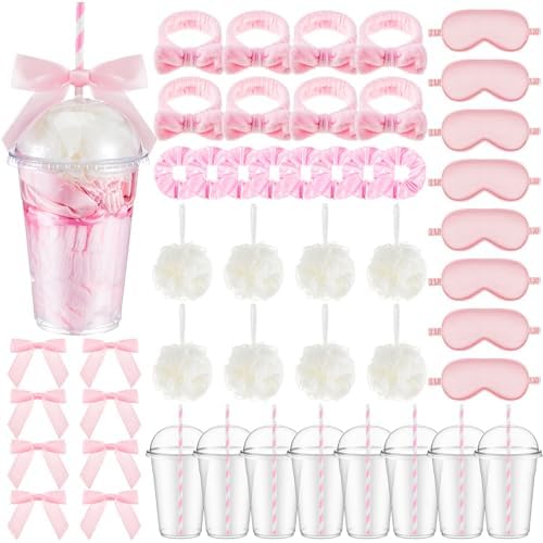 Nitial 56 Pcs Spa Sleepover Party Supplies Including Headband Sleep Eye Mask Velvet Scrunchies Bath Loofah Sponges Plastic Cup with Lids Straws for Girls' Night Birthday Party (Pink) by Nitial