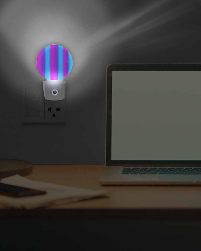 Night Lights Auto Sensor Purple Blue Night Light Gradient Color Stripe Round Lamp Plug-in LED Nightlights Dusk to Dawn for Living Room Bedroom Bathroom Hallway Wall Decor