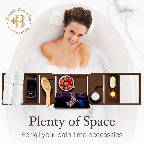 Bambüsi Bathtub Tray for Tub - Brown Bamboo Bath Tray, Expandable Wooden Bath Caddy Tray with Wine Holder, Book and Tablet Stand, Bathroom Accessories, Tub Table, Spa Bath Gifts for Women and Couples - Image 6