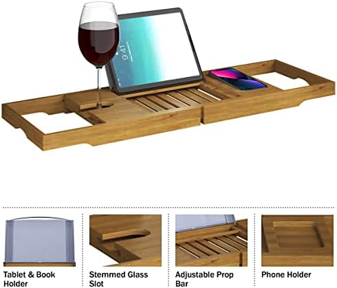 Bathtub Tray - Natural Acacia Wood Bath Tray with Wine Glass Holder, Book, Phone, or Tablet Rest - Expandable Bathtub Accessories by Home-Complete - Image 3