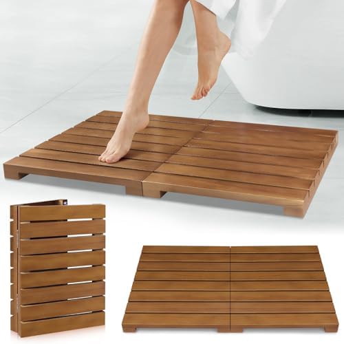 Teak Shower Mat - Foldable Wood Bath Mat for Spa, Sauna, Pool and Home by HONGJUN