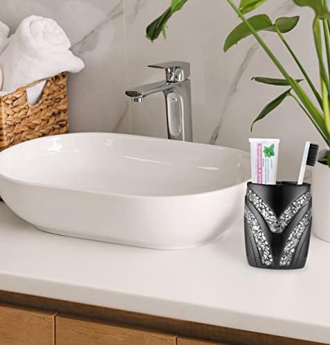 Zahari Home 4pc Sinatra Stylish Bathroom Accessories Set Black Soap Dispenser/Lotion Pump, Tumbler, Tooth Brush Holder and Soap Dish Modern Luxury Decor Bling Mosaic Glass Black Bathroom Accessories - Image 4