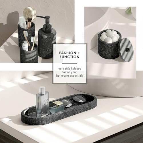 Clara Clark Bathroom Set - Coal Black Bathroom Accessories Set, 5PC Bathroom Accessory Set, Bathroom Sets with Soap Dispenser, Toothbrush Holder, Tumbler, Cotton Swab Jar & Vanity Tray - Image 4