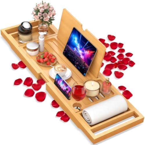 Bathtub Tray Caddy Fits Most Tubs Adjustable 23-34'' Beige by BESHOF
