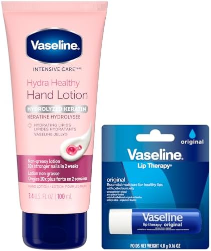 Vaseline Lotion & Lip Therapy Bundle – Healthy Hands Stronger Nails with Keratin Intensive Care Hand Lotion + Original Lip Balm Tube by Vaseline