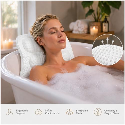 Luxury Bath Pillow for Tub, with 10 Strong Suction Cups, Non-Slip Bathtub Pillow for Head Neck & Back Support, Extra Large 21” Spa Bath Pillow, 4D Air Mesh Quick-Dry, Gift for Women(White) - Image 5