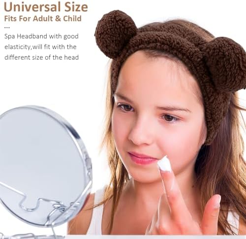 AHONEY Spa Bear Ears Headband, Face Wash Headband and Wristband Set, Cute Makeup Skincare Headbands Wrist Bands for Washing Face for Women Girls Elastic Hair Band (Brown) - Image 3