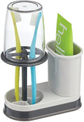 mDesign Plastic Toothpaste and Toothbrush Holder Center with Cup/Cover - Organizer for Bathroom Vanity Countertop - Holds Paste, Floss, Accessories - Hyde Collection - Light Gray/Charcoal by mDesign